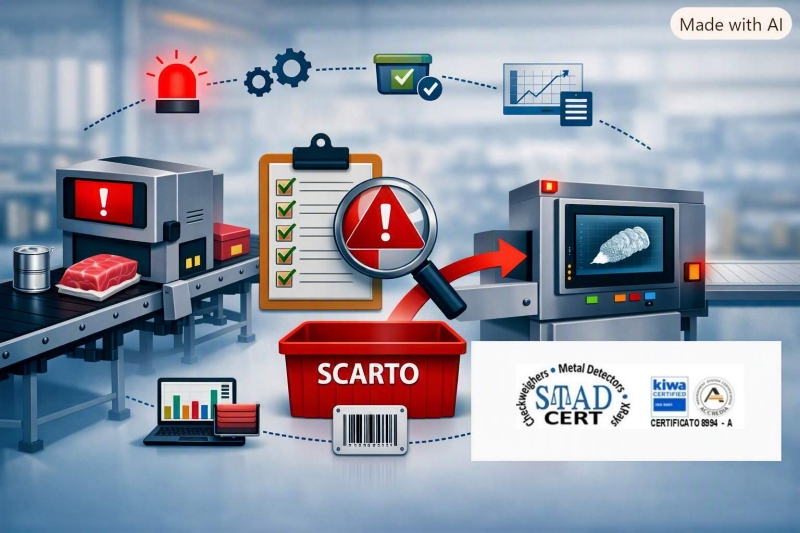 Sistema di ispezione alimentare con metal detector e X‑ray che espellono un prodotto contaminato verso il contenitore di scarto, simbolo della validazione della sicurezza alimentare